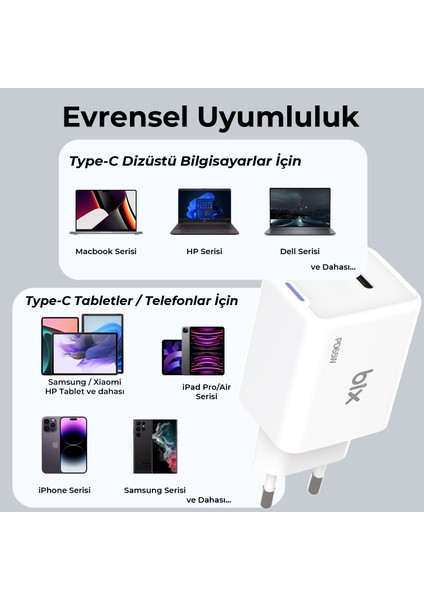 BX1P65G Gan 65W Type-C Pd Akım Korumalı ve LED Göstergeli Hızlı Şarj Cihazı Beyaz