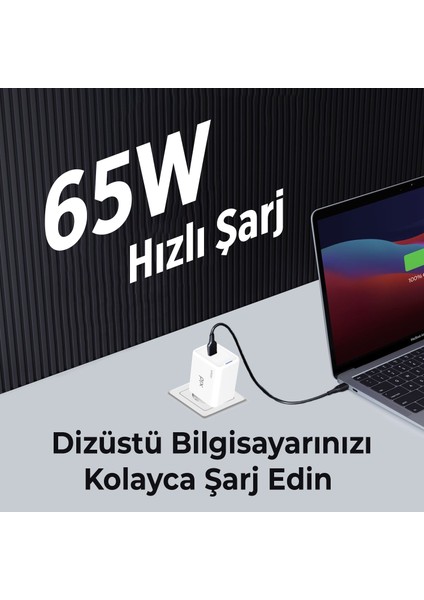 BX1P65G Gan 65W Type-C Pd Akım Korumalı ve LED Göstergeli Hızlı Şarj Cihazı Beyaz
