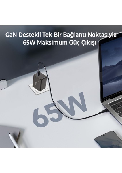 BX1P65G Gan 65W Type-C Pd Akım Korumalı ve LED Göstergeli Hızlı Şarj Cihazı Siyah