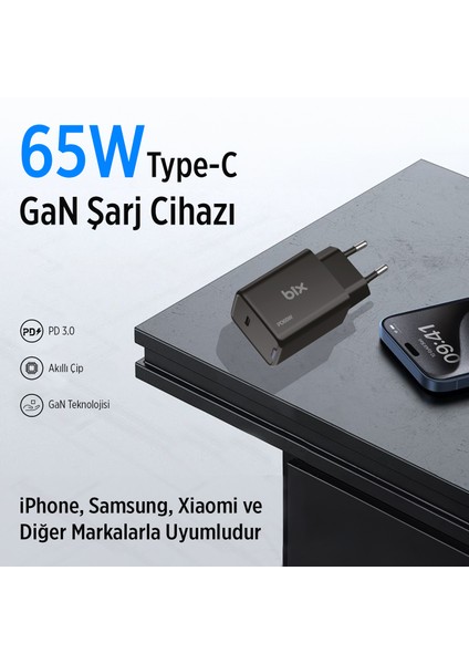 BX1P65G Gan 65W Type-C Pd Akım Korumalı ve LED Göstergeli Hızlı Şarj Cihazı Siyah