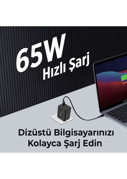 BX1P65G Gan 65W Type-C Pd Akım Korumalı ve LED Göstergeli Hızlı Şarj Cihazı Siyah