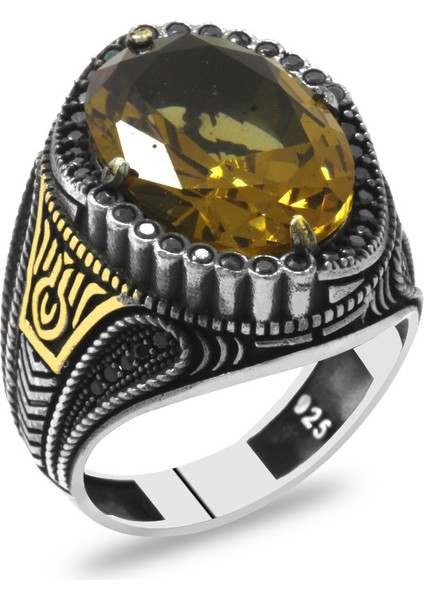 Faset Zultanit Taşlı Yanları Mikro Taş Mıhlamalı Dikit Detaylı 925 Ayar Gümüş Erkek Yüzük