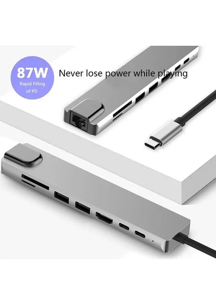 4K Çok Fonksiyonlu Adaptör 8'ü 1 Arada: Usb, RJ45 Hd Ethernet, USB 3.0, Kart Okuyucu, Pd, Sd, Tf Özellikleriyle