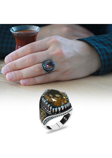 Faset Kesim Zultanit Taşlı Yanları Firuze Taş Mıhlamalı Başak Motifli 925 Ayar Gümüş Erkek Yüzük fiyatları