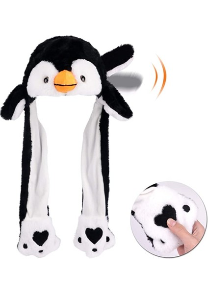 Penguen Şapka Kulakları Hareket Eden Işıklı Modlu Peluş Tavşan Şapka