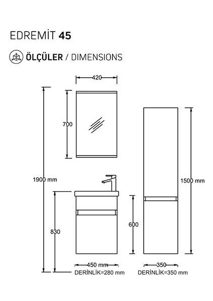 Edremit 45 cm Mat Gri Banyo Dolabı