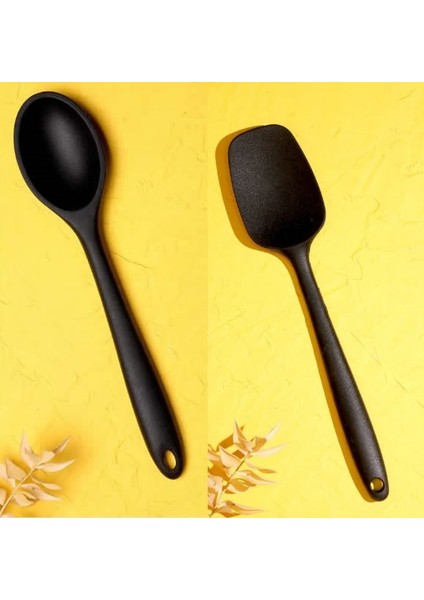 2 Parça Silikon Servis Seti - Siyah - Kaşık + Spatula 27 cm