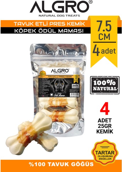 Tavuk Etli Doğal Ödül Kemiği 7 5 cm 25 gr x 4 Adet Pakette Yenilebilir Çiğneme Kemiği