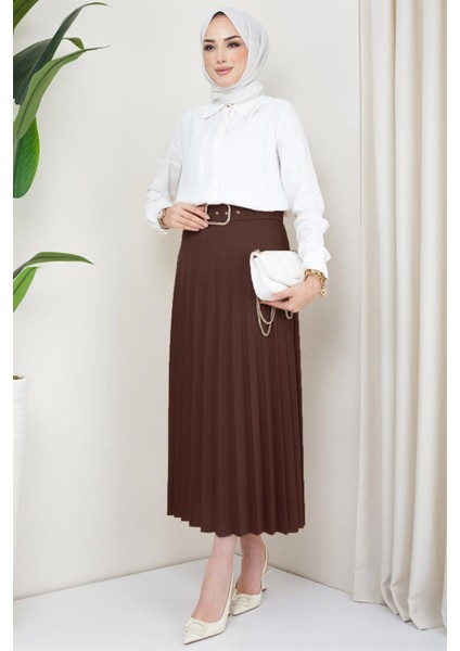 Kemerli Piliseli Etek Kahverengi HM2104