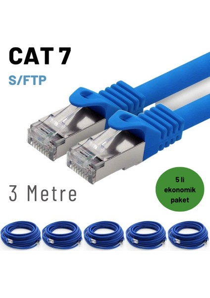 5 Adet 3 Metre Cat7 Kablo S/ftp Ethernet Network Lan Ağ Kablosu