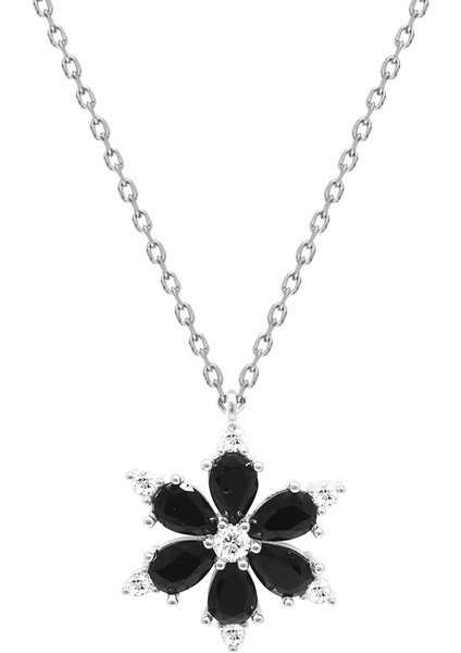 Siyah Zirkon Taşlı Kır Çiçeği Tasarım 925 Ayar Gümüş Kadın Kolye fiyatları