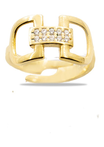 Zirkon Taşlı Belt Tasarım Gold Renk 925 Ayar Gümüş Kadın Yüzük