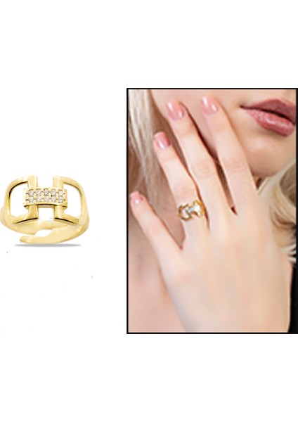 Zirkon Taşlı Belt Tasarım Gold Renk 925 Ayar Gümüş Kadın Yüzük