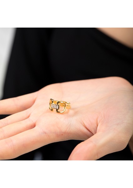 Zirkon Taşlı Belt Tasarım Gold Renk 925 Ayar Gümüş Kadın Yüzük