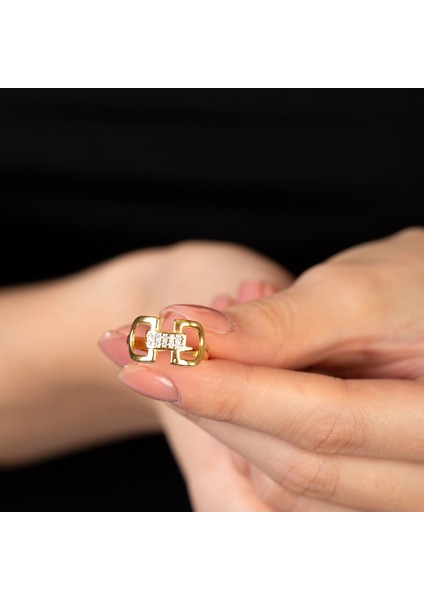 Zirkon Taşlı Belt Tasarım Gold Renk 925 Ayar Gümüş Kadın Yüzük