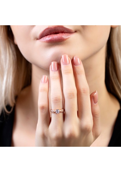 Mikro Zirkon Taş Süslemeli Rose Renk Free Size 925 Ayar Gümüş Kadın Tektaş Yüzük modelleri