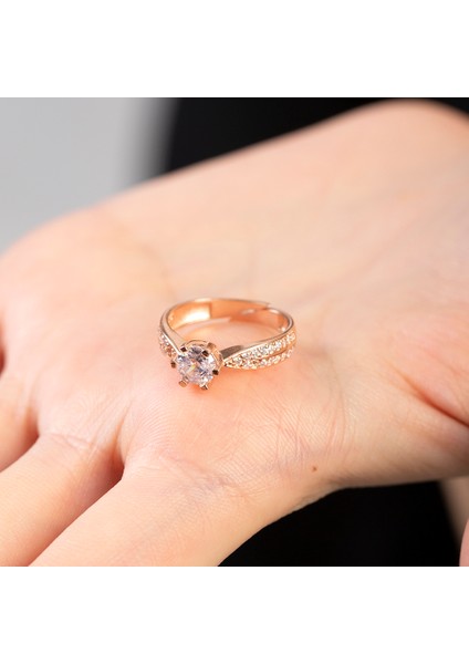 Mikro Zirkon Taş Süslemeli Rose Renk Free Size 925 Ayar Gümüş Kadın Tektaş Yüzük fırsatları