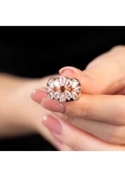Damla Kesim Beyaz Zirkon Taşlı Rose Renk Free Size 925 Ayar Gümüş Kadın Yüzük fiyatları