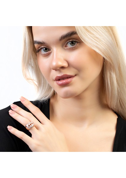Damla Kesim Beyaz Zirkon Taşlı Rose Renk Free Size 925 Ayar Gümüş Kadın Yüzük modelleri