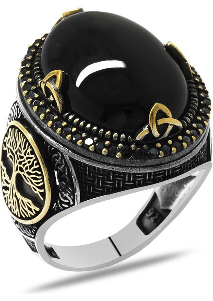 Oval Tasarım Hayat Ağacı Desenli Oniks Taşlı 925 Ayar Gümüş Erkek Yüzük