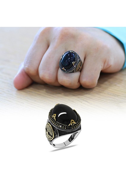 Oval Tasarım Hayat Ağacı Desenli Oniks Taşlı 925 Ayar Gümüş Erkek Yüzük fiyatları