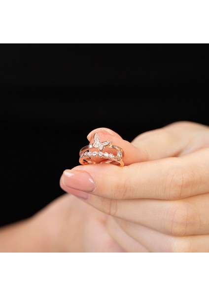 Beyaz Zirkon Taşlı Kelebek Detaylı Silver Renk Free Size 925 Ayar Gümüş Kadın Yüzük fiyatları