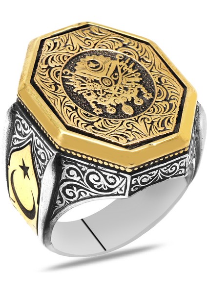 Ayyıldız Detaylı Osmanlı Arma Motifli 925 Ayar Gümüş Erkek Yüzük
