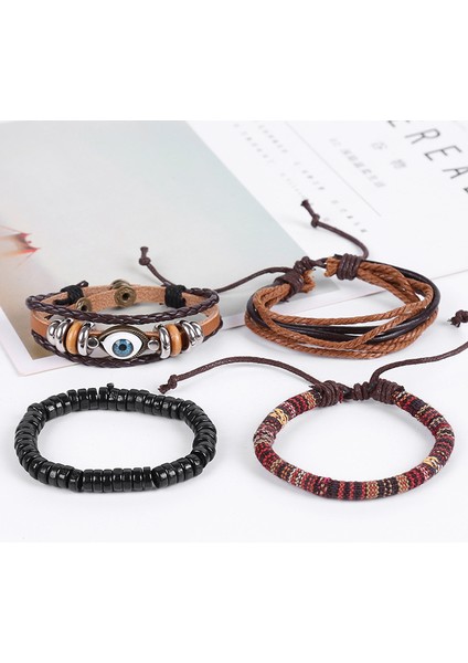Çok Katmanlı Deri&metal Alaşım Kombinasyonu Etnik Tasarım Göz Detaylı Retro Erkek Bileklik modelleri