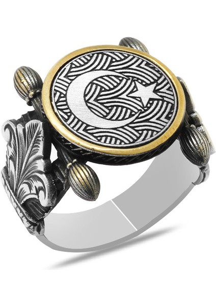 Otantik Tasarım Ayyıldız Motifli 925 Ayar Gümüş Erkek Yüzük