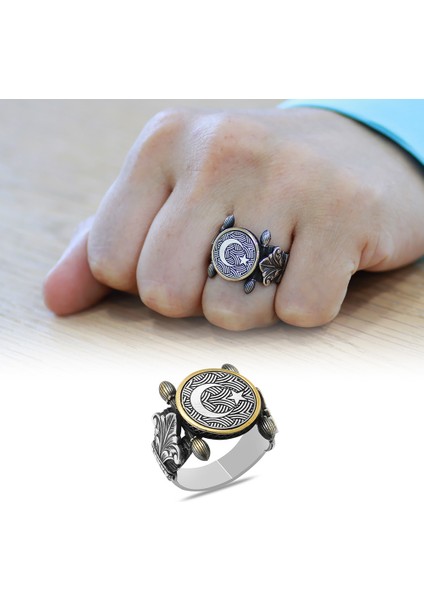 Otantik Tasarım Ayyıldız Motifli 925 Ayar Gümüş Erkek Yüzük fiyatları