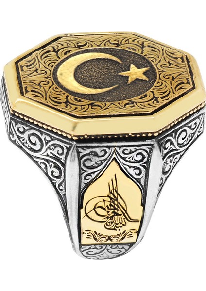 Tuğra Detaylı Ayyıldız Motifli 925 Ayar Gümüş Erkek Yüzük fiyatları
