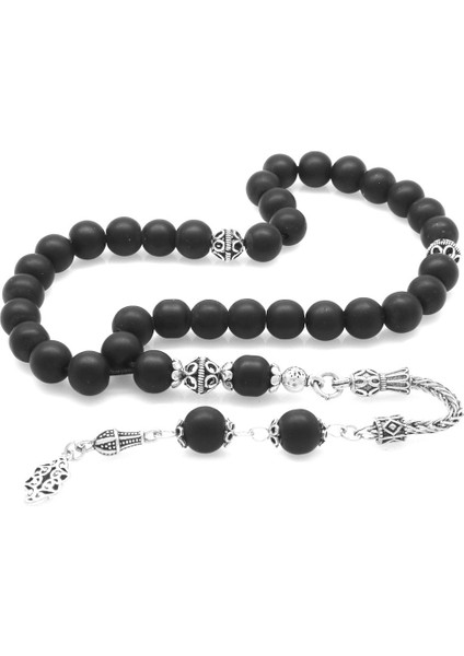 925 Ayar Gümüş Püsküllü Küre Kesim Mat Oniks Doğaltaş Tesbih