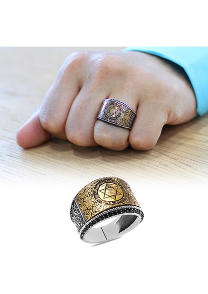 Siyah Zirkon Taşlı Mühr-I Süleyman Işlemeli 925 Ayar Gümüş Erkek Yüzük fiyatları