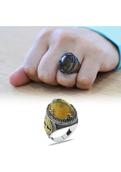 Oval Tasarım Hayat Ağacı Desenli Faset Zultanit Taşlı 925 Ayar Gümüş Erkek Yüzük fiyatları