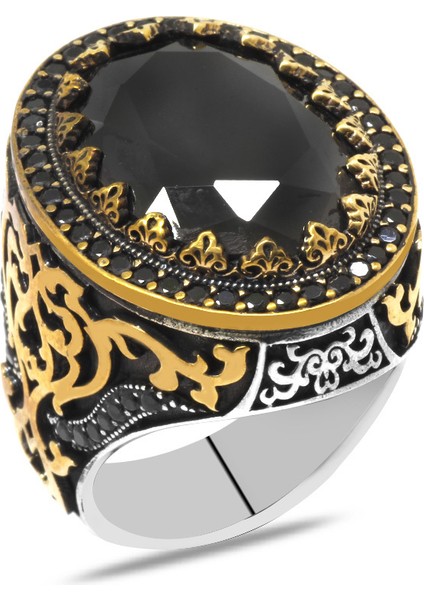 Oval Tasarım Faset Siyah Zirkon Taşlı 925 Ayar Gümüş Erkek Yüzük