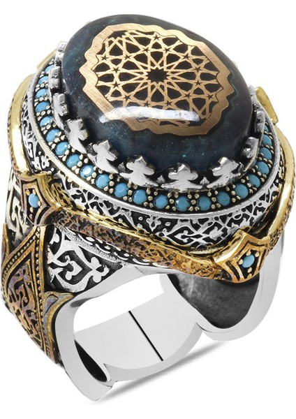 Mavi Sıkma Kehribar Taş Üzeri Selçuklu Deseni Motifli 925 Ayar Gümüş Erkek Yüzük