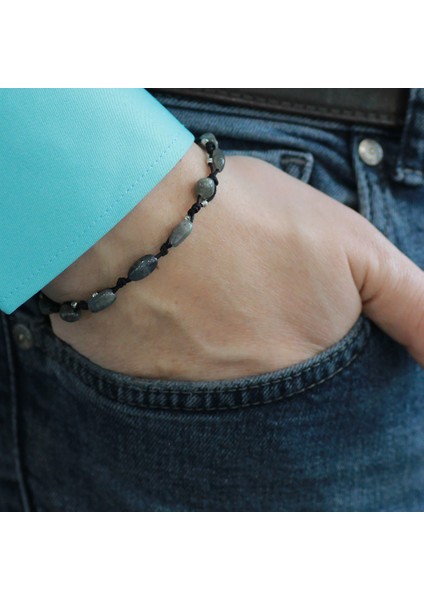 Makrome Örgülü Naturel Kesim Dorika Top Detaylı Labradorit Doğaltaş Erkek Bileklik modelleri