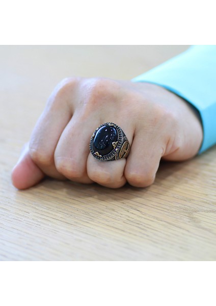 Oval Tasarım Hayat Ağacı Desenli Oniks Taşlı 925 Ayar Gümüş Erkek Yüzük modelleri