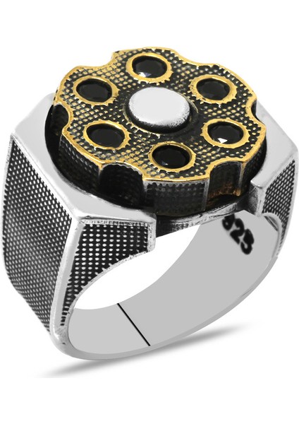 Siyah Zirkon Taşlı Dönen Çark Tasarım 925 Ayar Gümüş Erkek Yüzük