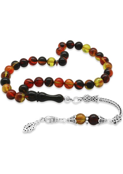 925 Ayar Gümüş Püsküllü Küre Kesim Bala-Siyah Ateş Kehribar Tesbih