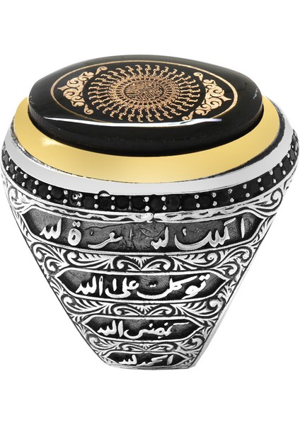 Siyah Kehribar Taş Üzerine Hüsn-I Hat 33 Besmele-I Şerif Oval Tasarım 925 Ayar Gümüş Erkek Yüzük modelleri