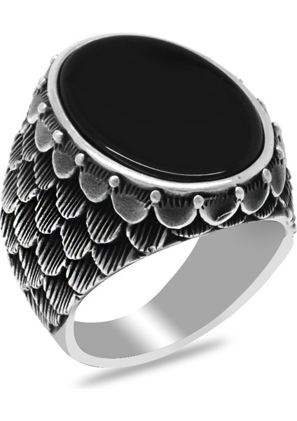 Balık Pulu Detaylı Siyah Oniks Taşlı 925 Ayar Gümüş Erkek Yüzük