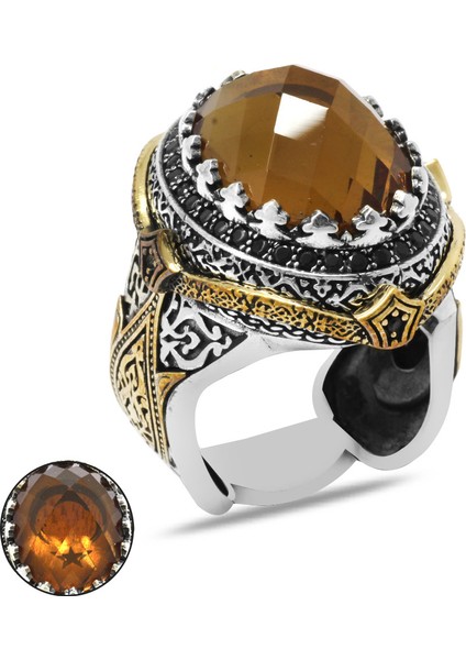 Faset Kesim Zultanit Taşlı Ayyıldız Desenli 925 Ayar Gümüş Erkek Yüzük