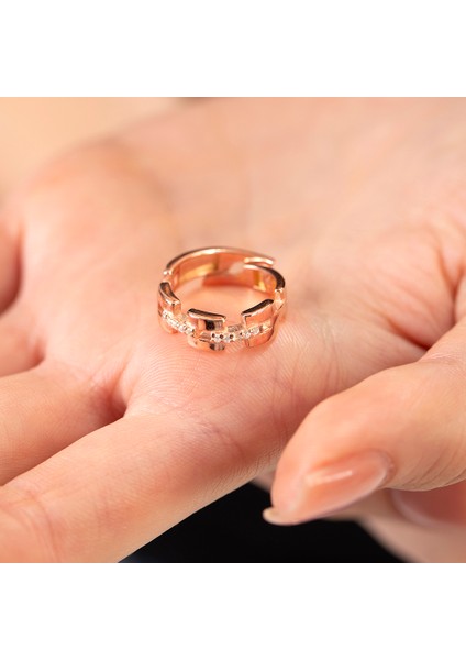 Zirkon Taşlı Kare Zincir Tasarım Rose Renk 925 Ayar Gümüş Kadın Yüzük fırsatları