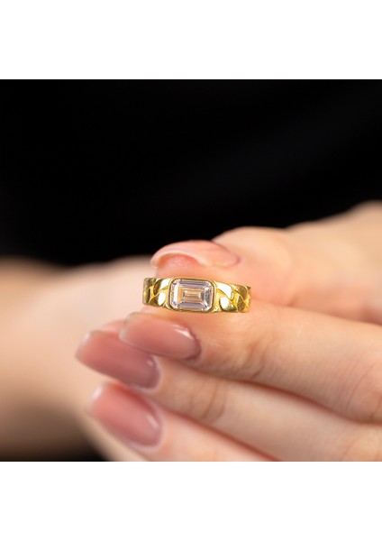 Beyaz Zirkon Taşlı Zincir Tasarım Gold Renk Free Size 925 Ayar Gümüş Kadın Tektaş Yüzük fiyatları