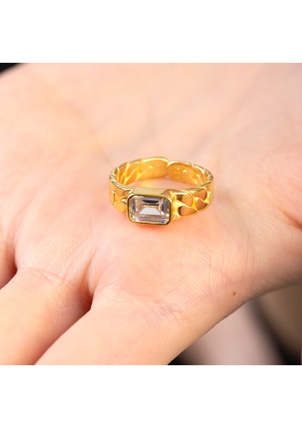Beyaz Zirkon Taşlı Zincir Tasarım Gold Renk Free Size 925 Ayar Gümüş Kadın Tektaş Yüzük fırsatları