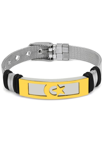 Ayyıldız Temalı Uzunluk Ayarlanabilir Silver-Gold Renk Çelik Erkek Hasır Bileklik