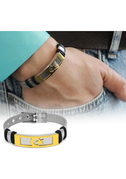 Ayyıldız Temalı Uzunluk Ayarlanabilir Silver-Gold Renk Çelik Erkek Hasır Bileklik modelleri