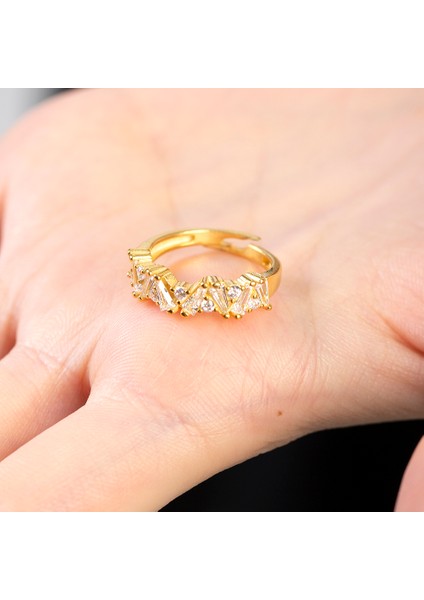 Beyaz Zirkon Taşlı Asimetrik Tasarım Gold Renk Free Size 925 Ayar Gümüş Kadın Yüzük fırsatları