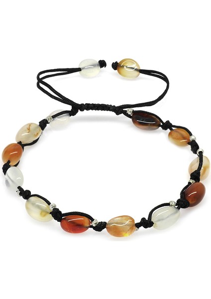 Makrome Örgülü Naturel Kesim Dorika Top Detaylı Akik Doğaltaş Erkek Bileklik